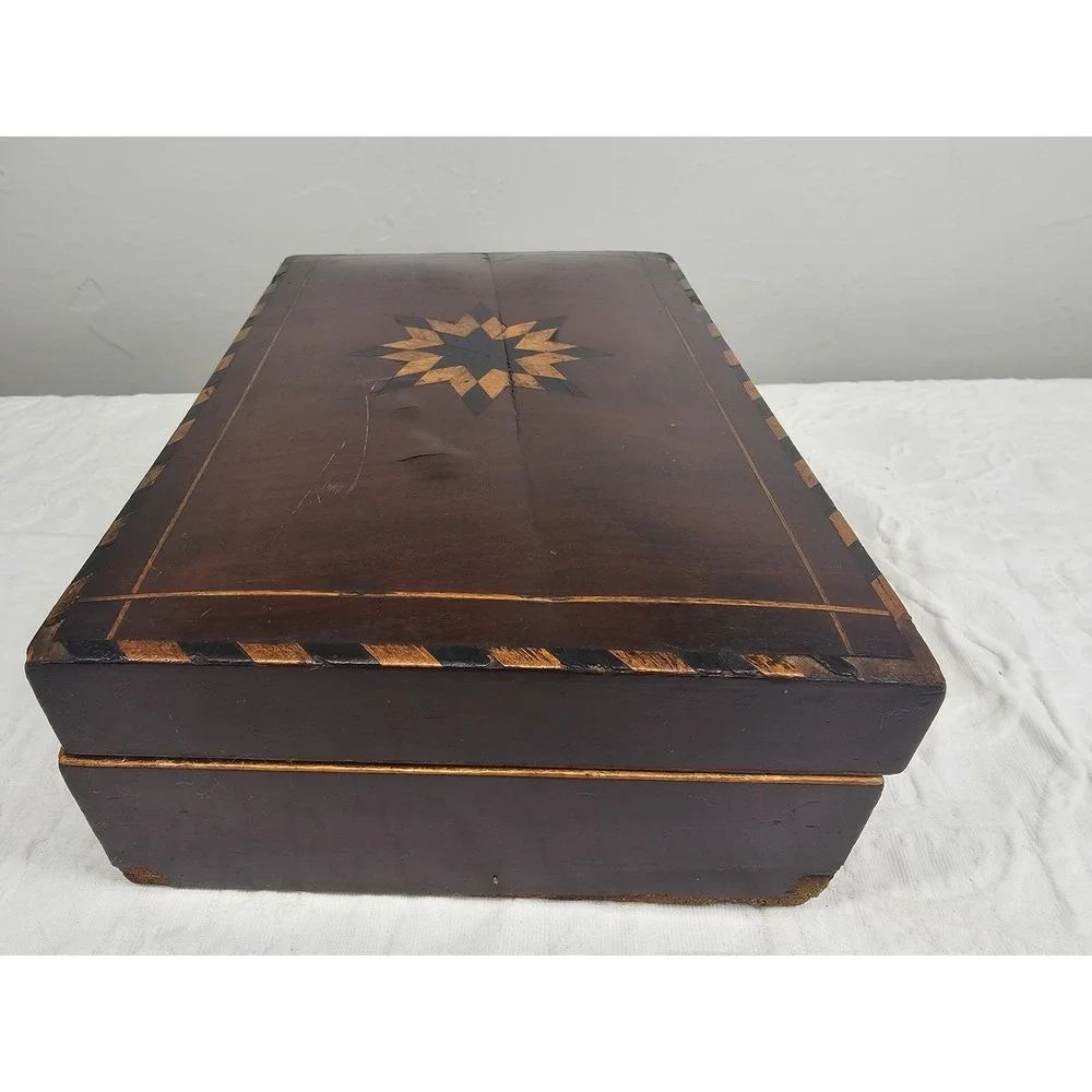 Antique Wooden Keepsake Box‎ Star Inlay Jewelry Trinket Storage Chest 1900s